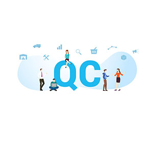 مفهوم کنترل کیفیت qc با کلمه یا متن بزرگ و افراد تیم با سبک مدرن تخت - تصویر برداری